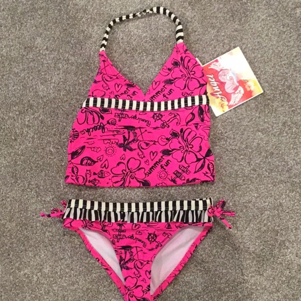 Angel Beach Girls Tankini pink and Black size 5